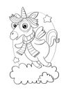 contour line illustration cute cartoon childish style character animal unicorn fabulous wearing glasses and scarf nerd on cloud