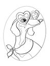 contour line illustration sketch animal cute dachshund dog wearing glasses hearts and headscarf design element coloring postcard