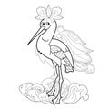 Contour linear illustration with bird for coloring book. Cute heron, anti stress picture. Line art design for adult or kids in