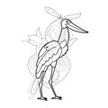 Contour linear illustration with bird for coloring book. Cute jabiru, anti stress picture. Line art design for adult or kids in