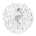 Contour linear illustration for coloring book with bird in flowers. Beautiful heron, anti stress picture. Line art design for