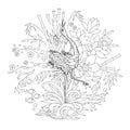 Contour linear illustration for coloring book with bird in flowers. Beautiful heron, anti stress picture. Line art design for