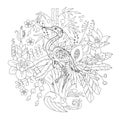 Contour linear illustration for coloring book with bird in flowers. Beautiful heron, anti stress picture. Line art design for