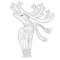 Contour linear illustration for coloring book with decorative deer. Beautiful animal reindeer, anti stress picture. Line art