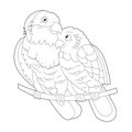 Contour linear illustration for coloring book with decorative parrots. Beautiful tropic bird, anti stress picture. Line art