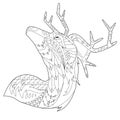 Contour linear illustration for coloring book with decorative reindeer head. Animal, anti stress picture. Line art design for