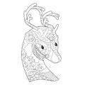 Contour linear illustration for coloring book with decorative reindeer head. Animal, anti stress picture. Line art design for