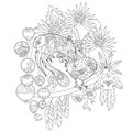 Contour linear illustration for coloring book with paradise bird in flowers. Tropic peacock, anti stress picture. Line art design