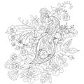 Contour linear illustration for coloring book with paradise bird in flowers. Tropic peacock, anti stress picture. Line art design