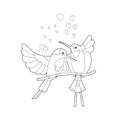 Contour linear illustration for coloring book with two hummingbirds. Beautiful cute couple, anti stress picture. Line art design