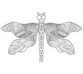 Contour Linear Illustration For Coloring With Decorative Dragonfly. Beautiful Insect, Anti-stress Picture. Linear Art Design For