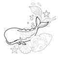 Contour linear illustration with marine animal for coloring book. Cute cachalot, anti stress picture. Line art design for adult or