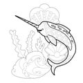 Contour linear illustration with marine animal for coloring book. Cute narwhal, anti stress picture. Line art design for adult or