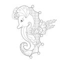 Contour linear illustration with sea horse for coloring book. Cute seahorse, anti stress picture. Line art design for adult or