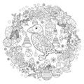 Contour linear winter illustration with puffin. Traditional Christmas ornament, decoration, anti stress picture. Line art