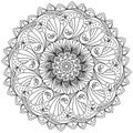 Contour mandala with doodle peacocks and curls, coloring page in the shape of a circle with many ornate petals