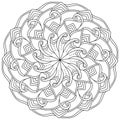 Contour mandala with petals and curls, meditative coloring book page for adults and kids