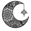 Contour of moon coloring inspired doodle style isolated on white background,for celebrated on Ramadon