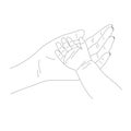 Contour of Mother and Child`s Hands in Line Art style, the concept of maternal protection and parental care isolated on a white