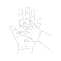 Contour of Mother and Child`s Hands in Line Art style, the concept of maternal protection and parental care isolated on a white ba