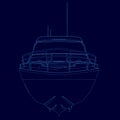 Contour motorboat. Wireframe sports boat of blue lines on a dark background. Front view. Vector illustration