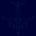 Contour of the plane of the blue lines on a dark background. Contour of the passenger aircraft. View from above. Vector