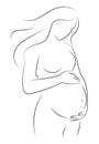 Contour of pregnant woman. Outlines of the body of a pregnant girl. Black and white vector illustration. Linear Royalty Free Stock Photo