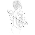 Contour of a pregnant woman surrounded by the planets of the sun and moon. Symbol of beauty and fertility