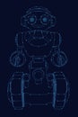 Contour of a robot on a goose with hands with glowing lights from blue lines isolated on a dark background. Front view