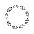 Contour round crystal frame. Isolated doodle illustration for t-shirt or notebook cover. Cartoon diamonds for magic and witchcraft