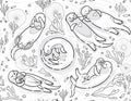 Black and white vector seamless pattern with cute otters in the sea. Decorative background ideal for coloring book