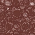 Contour seamless pattern with hand drawn tools for preparing and drinking tea - electric kettle, french press, teapot