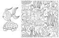 Contour Set of element and seamless pattern. ideal for children's clothing. Fish, turtle and background
