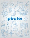 Contour set of icons on the topic of piracy and Maritime, blue contour icons on the writing-book sheet in a cage