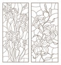 Contour set with illustrations with bouquets and flowers, lilies and irises, vertically oriented, dark outlines on white backgrou Royalty Free Stock Photo