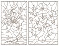 Contour set with illustrations, bouquets of flowers in vases, dark contours on a white background