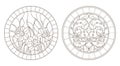 Contour set with illustrations with flowers, round images, dark contours on white background