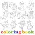 Contour set of illustrations with funny cats, coloring book