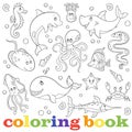 Contour set with illustrations with marine life, funny cartoon animals on a blue background , coloring book