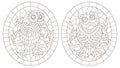 Contour set with illustrations with owls, dark contours on white background, oval image in the frame