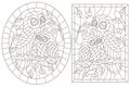 Contour set with illustrations with owls, dark contours on white background, oval and rectangular image in the frame