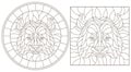 Contour set with illustrations with panda bear head, round and square image, dark outline on white background