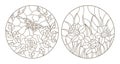 Contour set with illustrations, roses with butterfly and daffodils, circular images, dark outlines on white background