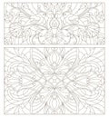 Contour set illustrations of stained glass with abstract swirls , flowers and birds horizontal orientation