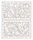 Contour set with illustrations of stained glass with abstract swirls and flowers in frames, horizontal orientation Royalty Free Stock Photo