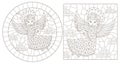 Contour set with illustrations of stained glass with angels, round and rectangular image, dark contours on a white background