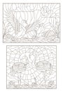 Contour set with illustrations of stained glass with birds on the pond a pair of swans and a pair of flamingos Royalty Free Stock Photo