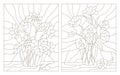 Contour set of illustrations of the stained glass bouquet of poppies and sunflowers in a vase Royalty Free Stock Photo