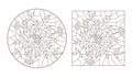 Contour set with illustrations of stained glass with compositions of leaves, dark contours on a white background, round and rect Royalty Free Stock Photo