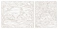 Contour set with illustrations of stained glass from countryside provincial town and Church, dark contours on white background